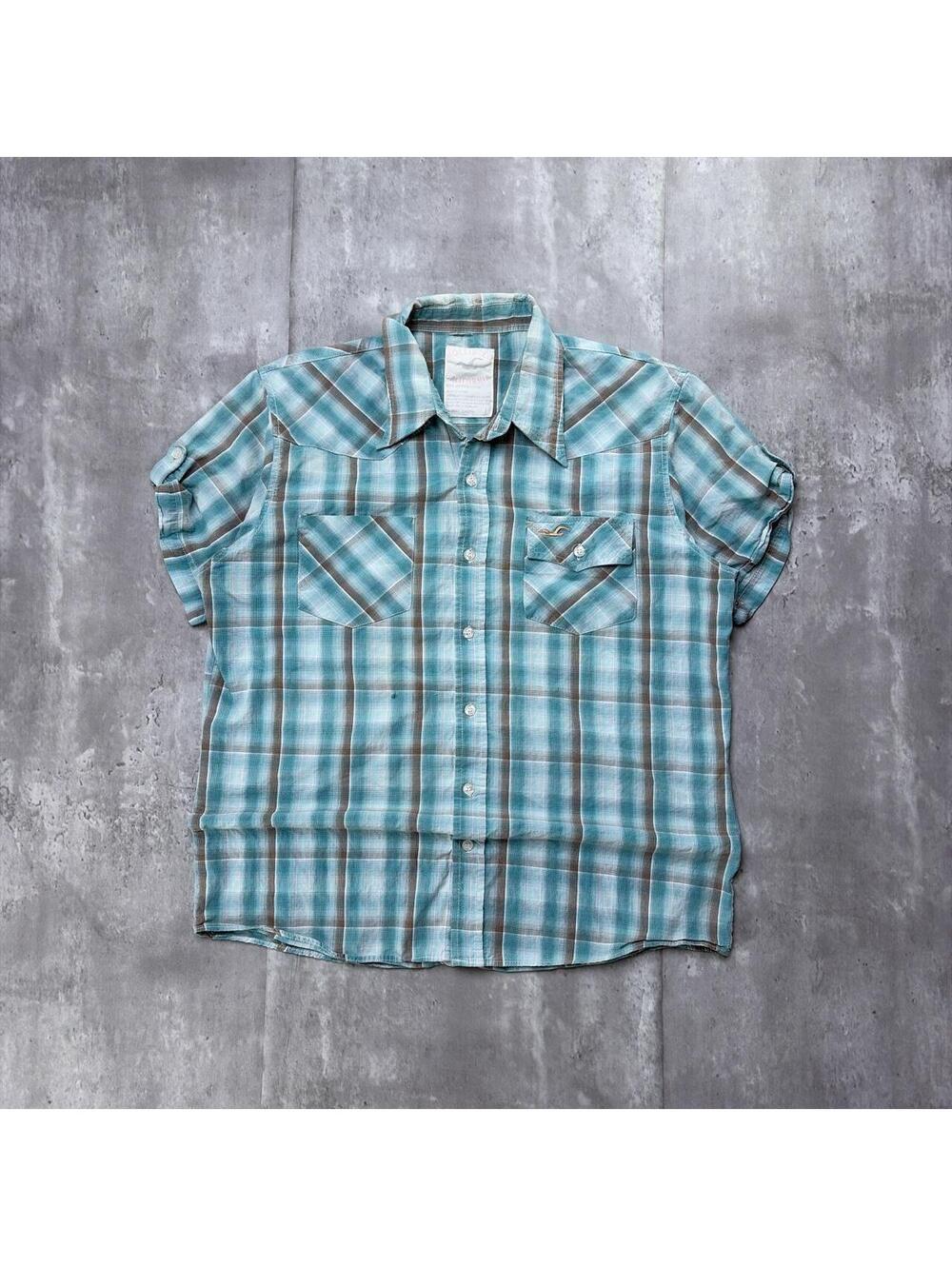 Y2K Teal Hollister Surf Grunge Plaid Button Up Shirt